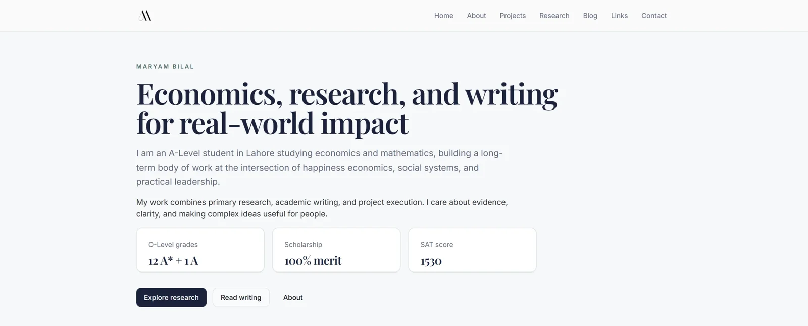 Personal portfolio site of a student researcher
