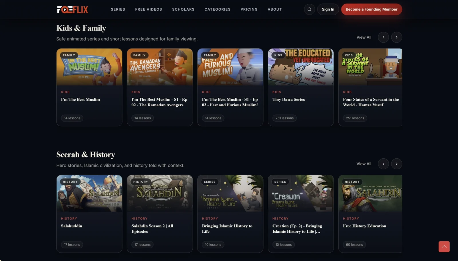 FQEFlix series rails for Kids & Family and Seerah & History